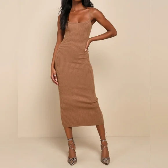 Lulus Women's Light Brown Ribbed Knit Midi Sweater Dress, Size XS - Picture 1 of 9
